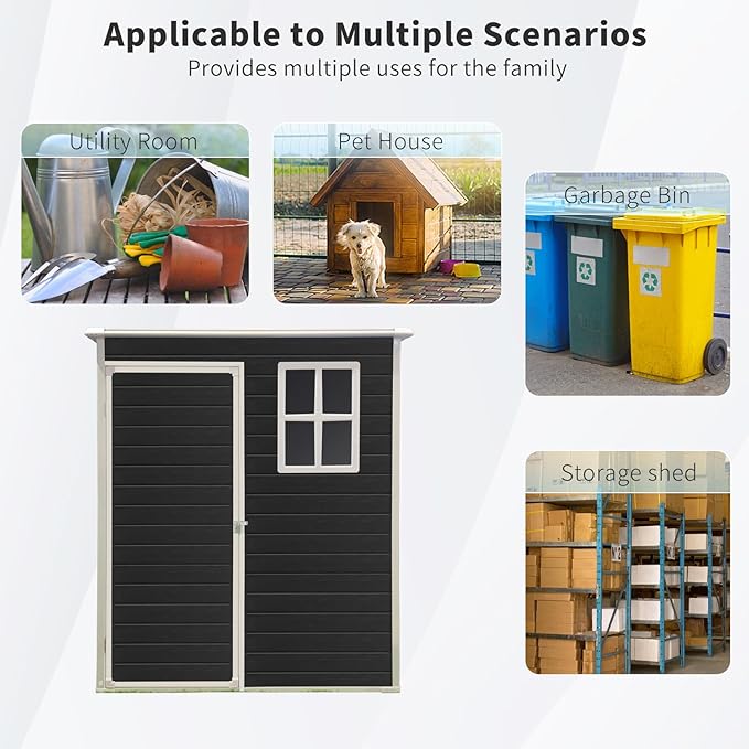 JT 5×3ft Resin Outdoor Storage Shed,Outdoor Storage Shed with Floor & Window to Store Patio Furniture, Garden Tools Bike Accessories, Beach Chairs and Lawn Mower. (Black, 5ft*3ft)