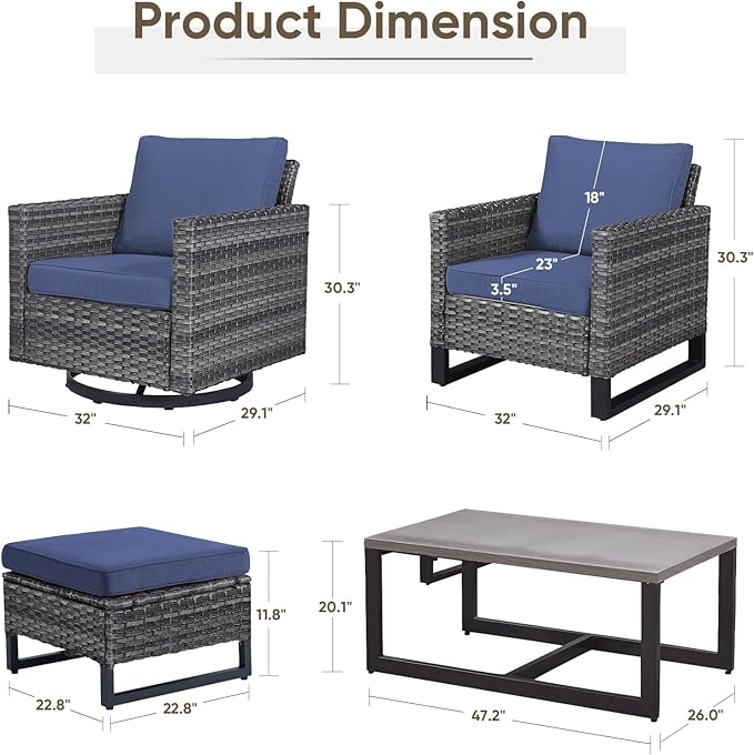 Wicker Patio Furniture Set：7 Piece Outdoor Patio Furniture Set with 2 Swivel Patio Chairs 2 Single Chairs a Coffee Table and 2 Ottomans, Grey Wicker/Blue Cushion