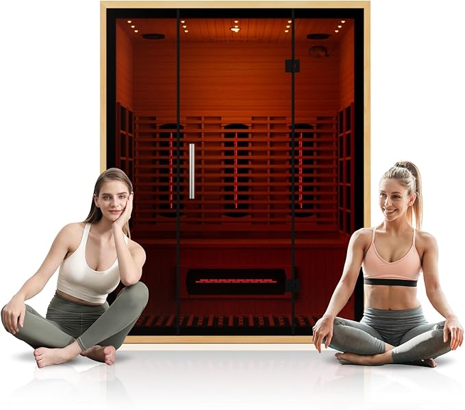 3 People Indoor Infrared Sauna, Low EMF Full Spectrum Red Heater with Carbon Heating Panels, Canadian Hemlock Wood, WiFi Control, 7-Color Starry Light, Reading Lamp, 2100W, 220V