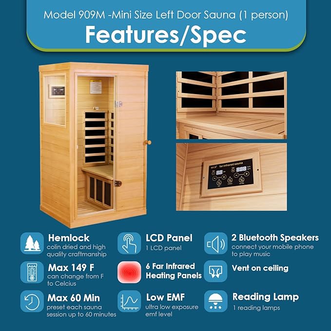 Saunas 909Mini Far Infrared Sauna, Indoor Dry Sauna (Hemlock Wood, 1 Person Mini Size Left Door)