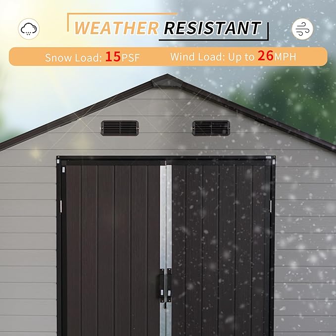 LANTRO JS Outdoor Storage Shed, 8x14x7.6FT Plastic Storage Shed with 2 Windows and Strong Aluminum Frame for Garden Tools, Bike, Lawnmower, White and Brown