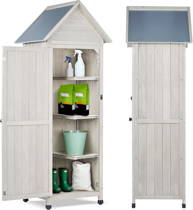 Wooden Outdoor Storage Cabinet with Waterproof Metal Roof Vertical Garden Tool Shed Adjustable Shelves, Perfect for Yards, Patios, Decks and Porches (Light Gray, 22" x 26" x 67")