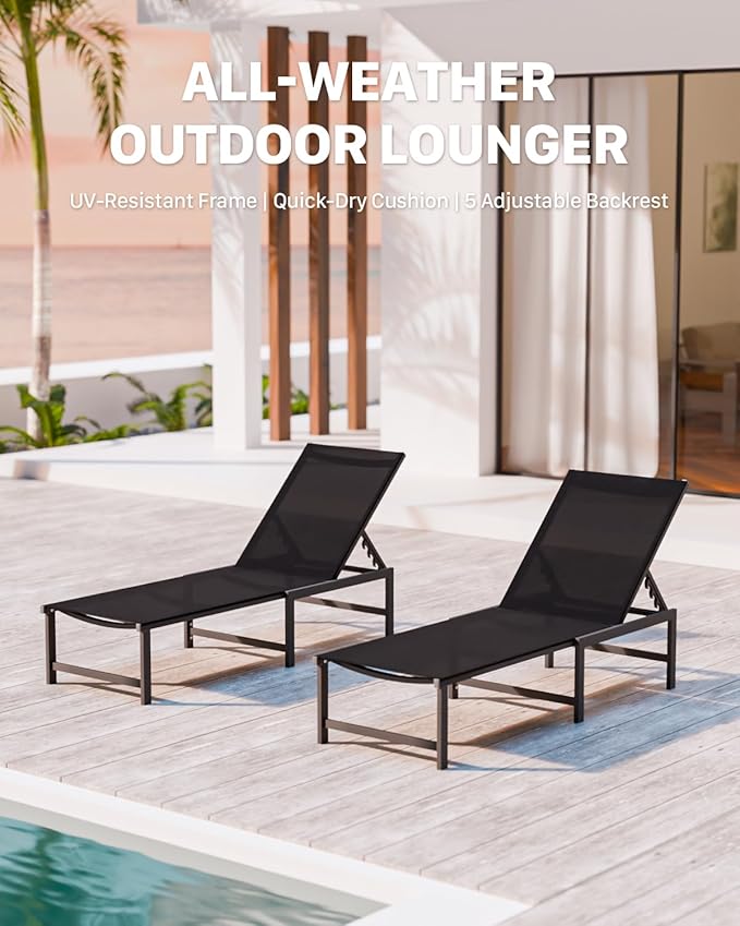 Chaise Lounge Chair Outdoor,Aluminum Patio Lounge Chairs,Lounge Chairs with 5 Adjustable Backrest and Headrest Pillows for Outside Beach,Black