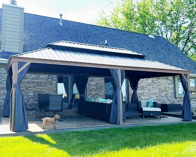 PURPLE LEAF 14' X 20' Outdoor Hardtop Gazebo Patio Wide Aluminum Frame Metal Double Roof with Heavy Duty Netting and Curtains for Permanent Hard Top Pavilion Screen, Navy Blue