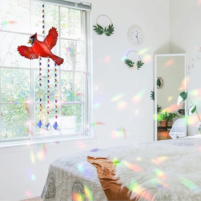 Red Cardinal Crystal Sun Catcher-Stained Glass Window Hanging Ornament with Rainbow Prism, Memorial Gift for Women, Handmade Bird Decor for Home Garden, Christmas Valentine Gift for mom(Red B)