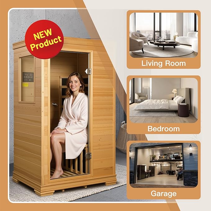 Indoor Infrared Sauna Room, Premium Canadian Hemlock Wood, Built-in Speakers, Tea Tray, Easy Setup, Quick Heating, Perfect Home Sauna, 35 * 27 * 61 Inch