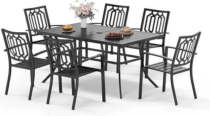 Sophia & William Patio Table and Chairs Set, Outdoor Dining Set for 6, 7 Piece Metal Patio Furniture, 60" Black Rectangular Table(Geometry)