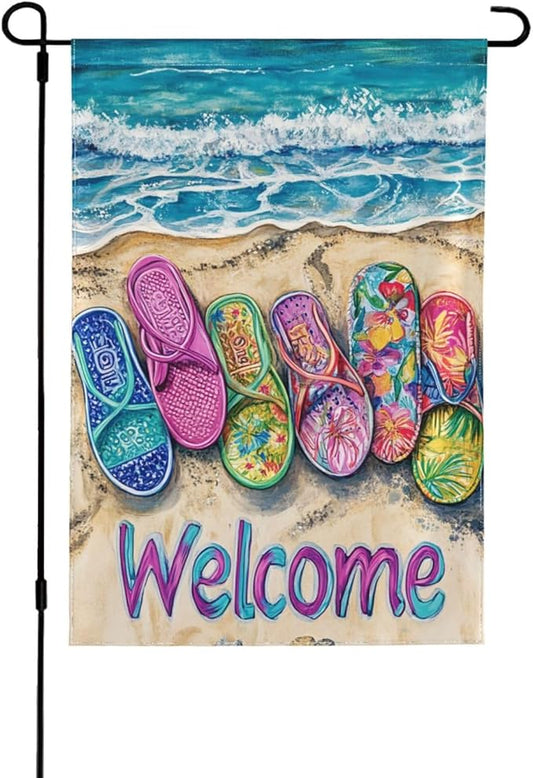 Flip Flops Beach Garden Flag Vertical Double Sided Outdoor Yard Flags 12.5x18 Inch Burlap Banners Vertical Double Sided for Outdoor Decor Lawn
