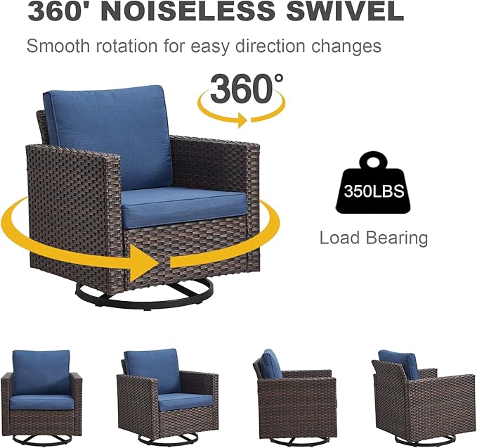 Wicker Patio Furniture Set：7 Piece Outdoor Patio Furniture Set with 2 Swivel Patio Chairs 2 Single Chairs a Coffee Table and 2 Ottomans, Brown Wicker/Blue Cushion
