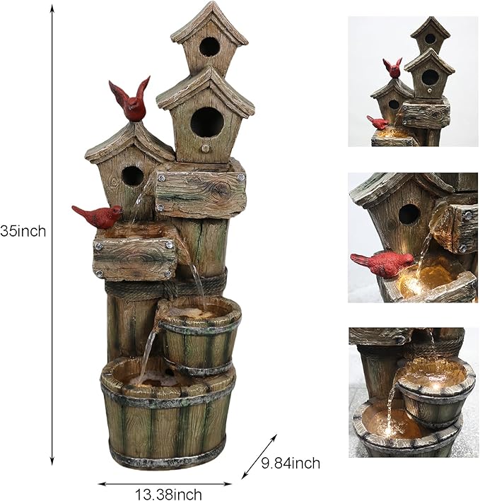35" Tall Outdoor 4-Tier Birdhouse Floor Standing Water Fountain with LED Lights for Garden, Patio, Yard, Porch Art Home Decor (Bird)