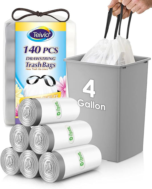 4 Gallon 140 Counts Strong Drawstring Trash Bags Garbage Bags by Teivio, Bathroom Trash Can Bin Liners, Small Plastic Bags for home office kitchen, White