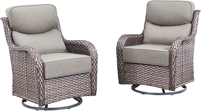 Rilyson Outdoor Patio Swivel Rocker Chairs Set of 2, Waterproof Wicker, High Back, Deep Seating, Wide Armrest, Upgraded 6 inch Thick Cushions, Ideal for Deck Porch Backyard, Brown/Beige