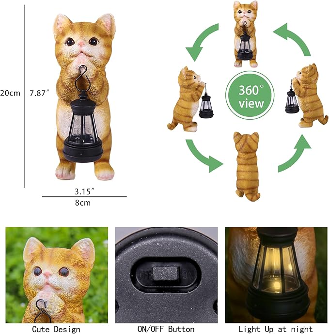 Solar Cat Garden Statue - Adorable Orange Tabby Figurine with Vintage Lantern for Outdoor Decor