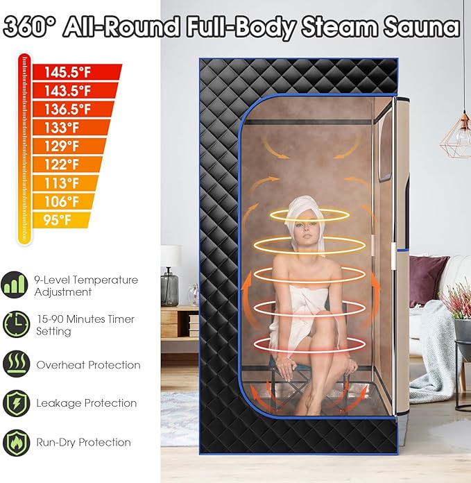COSTWAY Portable Steam Sauna, Personal Home Sauna Tent w/ 3L Steam Generator, Foldable Chair, Remote Control, 9-Level Adjustable Temperature, Timer, Full-Size Indoor Steam Room for Home Spa (Black)