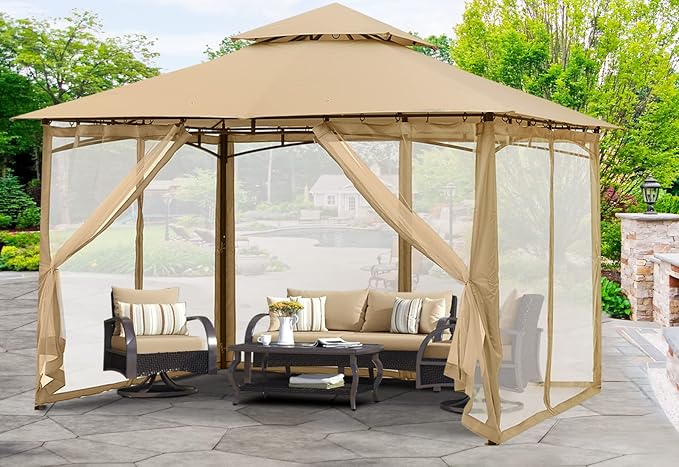MASTERCANOPY Outdoor Garden Gazebo for Patios with Stable Steel Frame and Netting Walls (10x12,Beige)