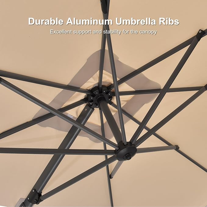 PURPLE LEAF 8' X 8' Patio Umbrella with In-ground Base for Pool 7' High Offset Outdoor Cantilever Umbrella Swimming Pool Umbrella with 360°Rotation for Poolside Beige