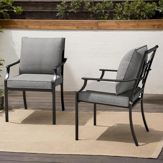 Grand patio Dining Chairs Set of 2，Outdoor Fixed Patio Dining Chairs Set of 2，Fixed Dining Chair，Outdoor Dining Chairs with Grey Cushions, Patio Chairs for Outside, Garden Lawn Porch, Backyard
