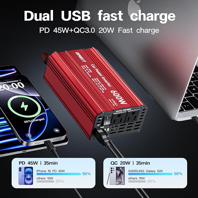 600W Car Power Inverter, 12V DC to 110V AC Converter with 2 AC Outlets, 45W PD USB-C & 20W QC3.0 USB-A Fast Charging Ports, Car Plug Adapter for Laptop, Phone, Road Trip