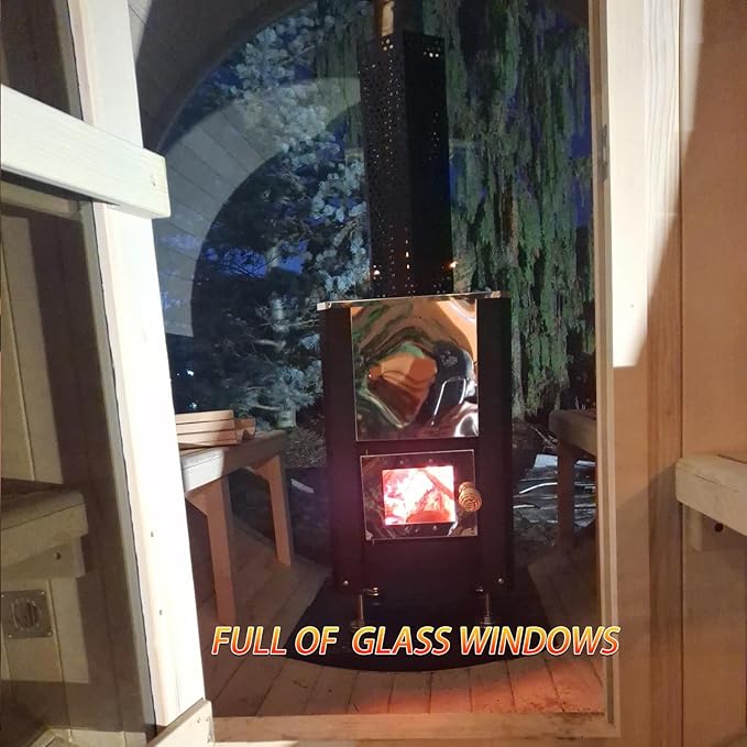 Customize Wood Burning Sauna 4-8 Person, Outdoor Canadian Red Cedar Barrel Sauna with Porch, Glass Window Option, Scenic Porch, Wood Stove, Luxurious Texture