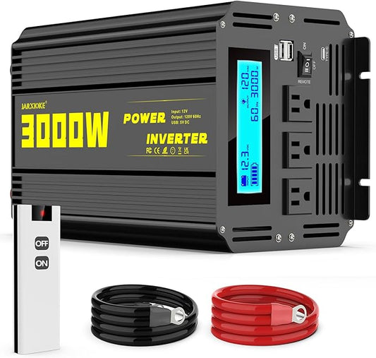 3000 Watt Modified Sine Wave Power Inverter, 12V DC to AC 110V/120V (Peak) 6000W Converter 3 Outlet Car Inverter with Remote Control and LED Display 3.4A USB Port