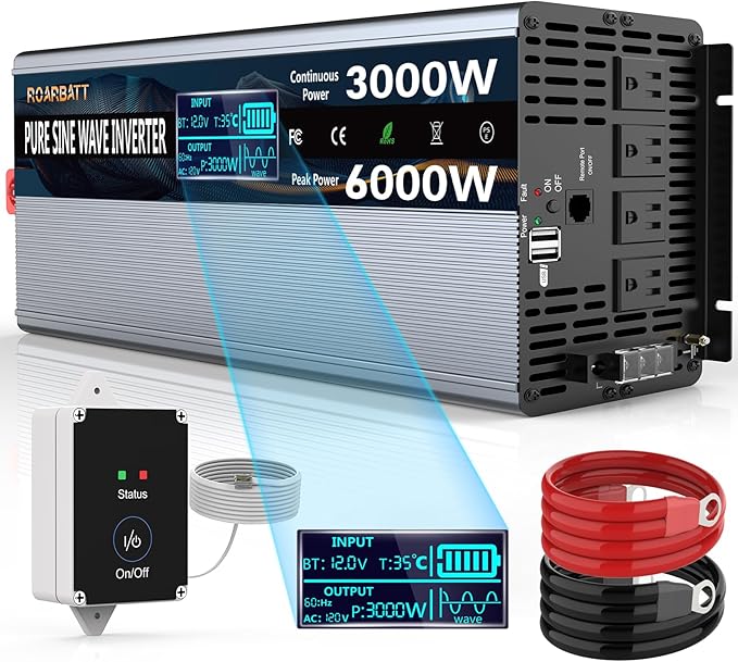 3000W Pure Sine Wave Power 12V Inverter DC to AC 110V 120V Peak Power 6000W with Remote Control 4 AC Outlets,Dual USB Port,LED Display AC Terminal Blocks for Power Inverter Truck RV Car Solar System