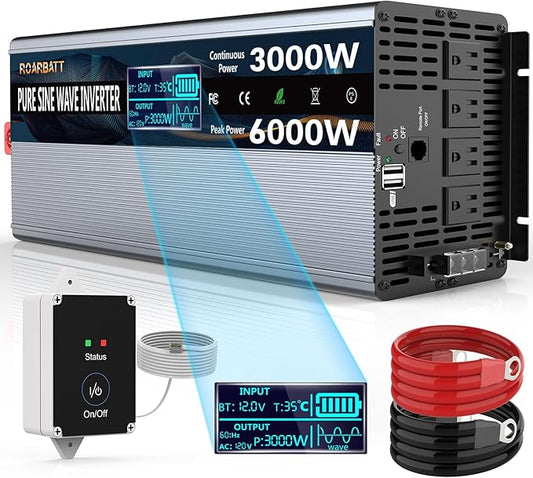 3000W Pure Sine Wave Power 12V Inverter DC to AC 110V 120V Peak Power 6000W with Remote Control 4 AC Outlets,Dual USB Port,LED Display AC Terminal Blocks for Power Inverter Truck RV Car Solar System