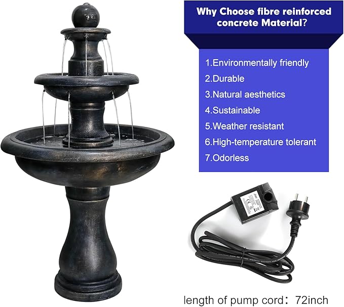 SunJet 45.2" High 3-Tiers Modern Concrete Outdoor Water Fountain - Round Large Outdoor Fountains and Waterfalls for Garden, Patio, Yard, and Deck Decor, Featuring Natural Stone Look (Black, 45.2inch)