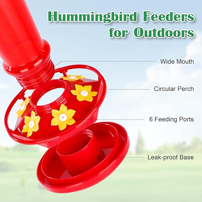 Plastic Hummingbird Feeders for Outdoors Hanging, 10 OZ Red Humming Bird Feeder with 6 Feeding Ports and Perch, Built-in Ant Moat, Gifts for Women Garden Decor, 1 Pack