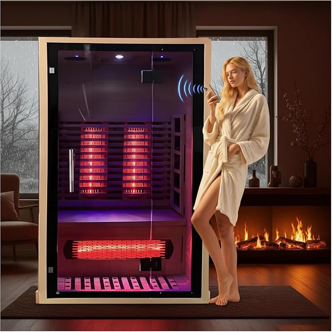 2 People Indoor Infrared Sauna, Low EMF Full Spectrum Red Heater with Carbon Heating Panels, Canadian Hemlock Wood, WiFi Control, 7-Color Starry Light, Reading Lamp, 1750W, 120V