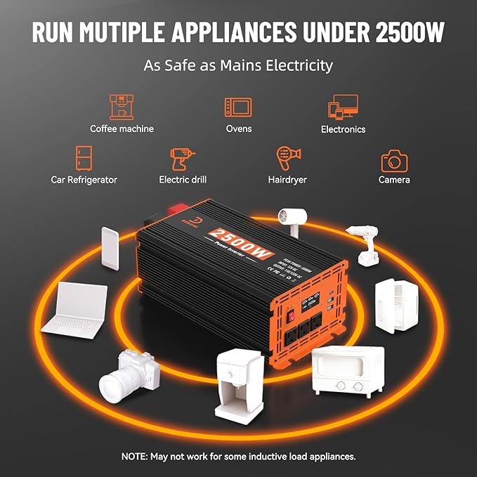 2500W Power Inverter 12V DC to 110V/120V AC Converter for RV/Truck/Boat/Camping/Off-Grid Solar Car Power Inverter Peak Power 5000W with 3 AC Outlets,USB & Type-C Port, Remote Controller & LCD Screen