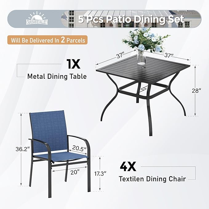 Patio Dining Set for 4, 37”Square Table with Umbrella Hole, 4 Metal Blue Chairs, Outdoor Table and Chairs for Lawn Backyard and Deck