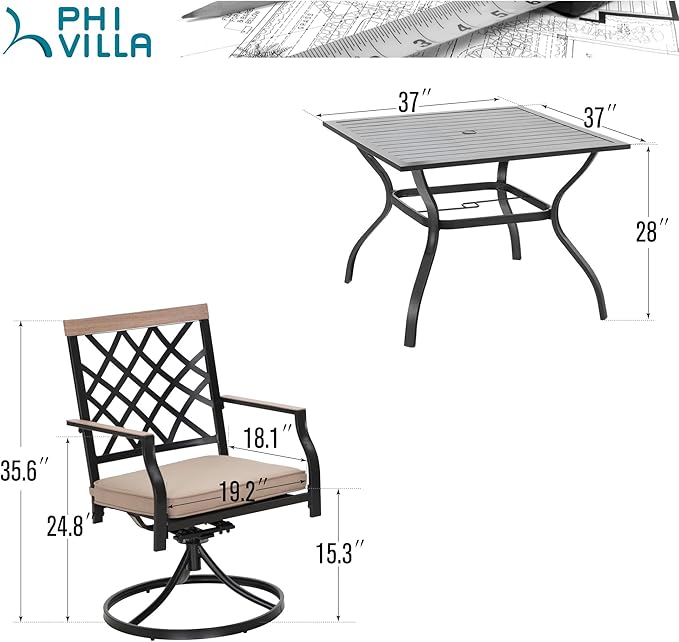 PHI VILLA 5-Piece Outdoor Dining Set, 4 Steel Metal Swivel Patio Chairs & 1 Square Dining Table, Wood-Like Pattern Armrest
