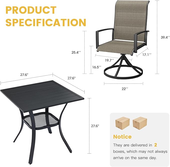 VICLLAX 3 Pieces Small Patio Table and Swivel Chairs for 2, All Weather Patio Dining Set, Black Tabletop and Mixed Brown Fabric