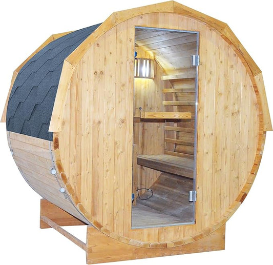 Outdoor Traditional Steam Sauna Barrel Sauna, 4 Person Outdoor Sauna 4.5KW/240V Stove Heater, Finnish Carbonized Spruce with Wooden Barrel, Spoon, Sauna Stone, LED Light - 59 * 70.9 * 75.9 in
