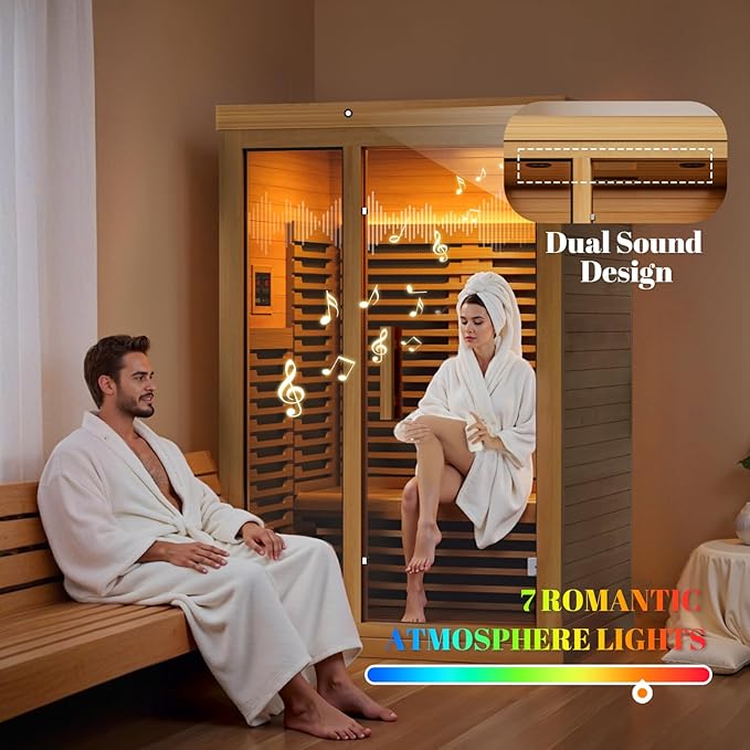 Far Infrared Wooden Sauna Low EMF- 2 Person Personal Sauna for Home Use, Full Spectrum Infrared Sauna, Dual Tempered Glass & Bluetooth Speakers - Indoor Sauna 2000W, Natural Wood