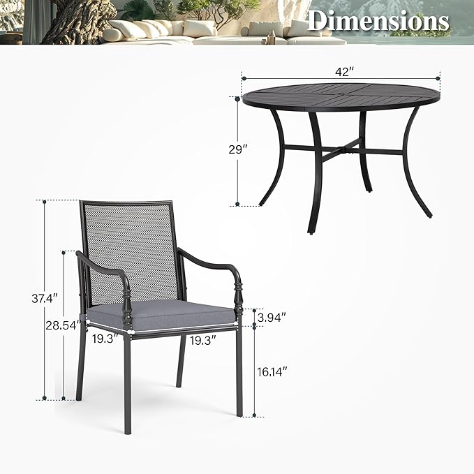 HERA'S HOUSE Round Patio Table and Chairs, Metal Outdoor Dining Sets for 4, 42" Black Table with 4 Cushioned Armrest Chairs for Garden Lawn Backyard