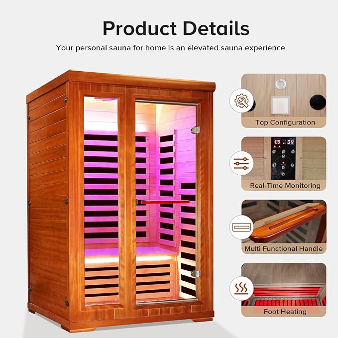 2 Person Sauna Infrared Sauna Room Far Infrared for Sauna Home Indoor 1880W/110V Low-EMF Wood Okoume Dry Sauna Two Person Sauna with Air Hole, 7 Color Therapy, Speaker (47.2 * 41.3 * 74.8 in)