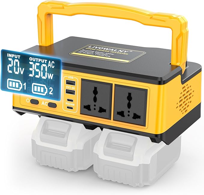 350W Power Station Compatible with Dewalt: LIVOWALNY Portable Generator DC 20V to AC 110-120V Power Inverter Battery Adapter Phone Charger 2 USB-A & 2 Type-C & 2 AC Outlet & 7 Colors RGB Light