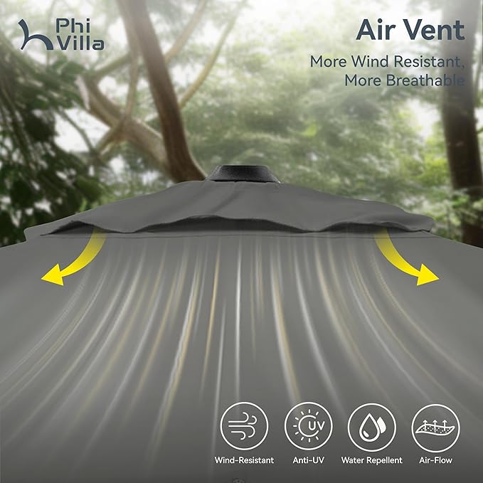 PHI VILLA 10ft Cantilever Patio Umbrella with Crank Handle, 7-Level Tilt & 360° Rotation, Aluminum Square Outdoor Offset Umbrella Windproof & Crashproof for Garden, Deck, Pool (Grey)