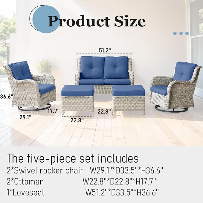Patio Chairs Set, 5 PCS Furniture with Loveseat, Swivel Rocker Patio Chairs and 2 Wicker Ottoman, Light Grey / Blue, Casual/Tropical Style