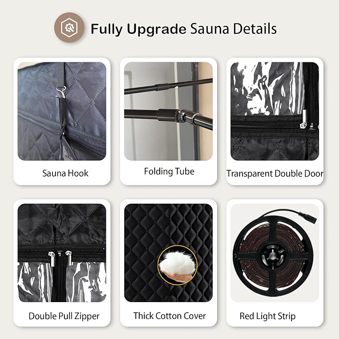 New UpgradeRed Light Collapsible Fridge Sauna Box for Relaxation,Detoxification,Portable Steam Sauna for Home with XL Steamer,16 Levels, 75”x 40”x40”，Double Doors，Larger Folding Chair, (Black)