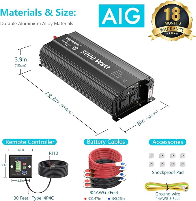3000Watt Pure Sine Wave Inverter 12V DC to 110V 120V AC with UL Fuses 3000W Power Inverter for Home RV Truck Off-Grid Solar with AC Hardwire 30A Compatible with Lithium Battery VOLTWORKS