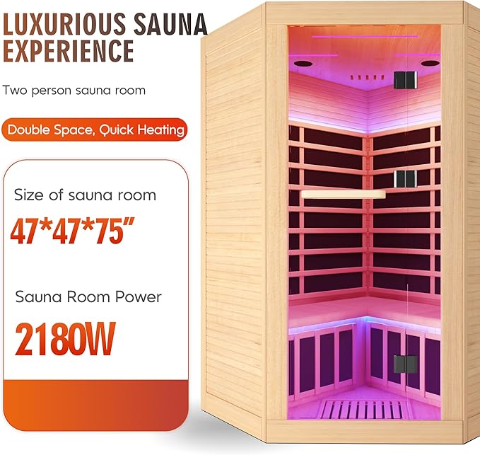 Corner Sauna for 2-3 Person Far Infrared Saunas Room Home Canadian Hemlock Indoor 2180W Low-EMF Dry Saunas with 7 Color Therapy 47.2 * 47.2 * 74.8inch