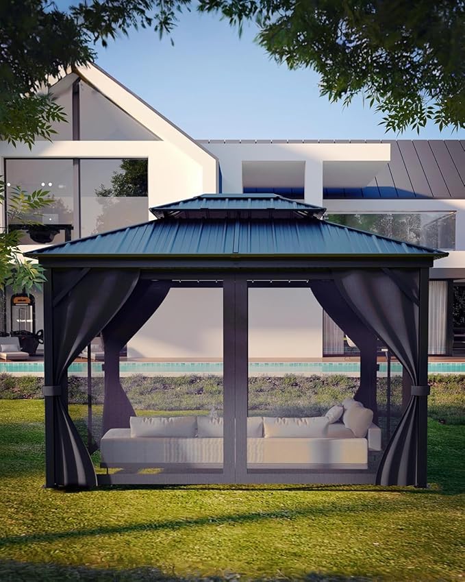 GAOMON Hardtop Gazebo 12'x14' for All Weather, with Double Metal Roof, Aluminum Alloy Frame, Net, and Curtain, Permanent Building of Backyard Luxury for Patio, Deck, Backyard, Lawn, and Garden, Gray