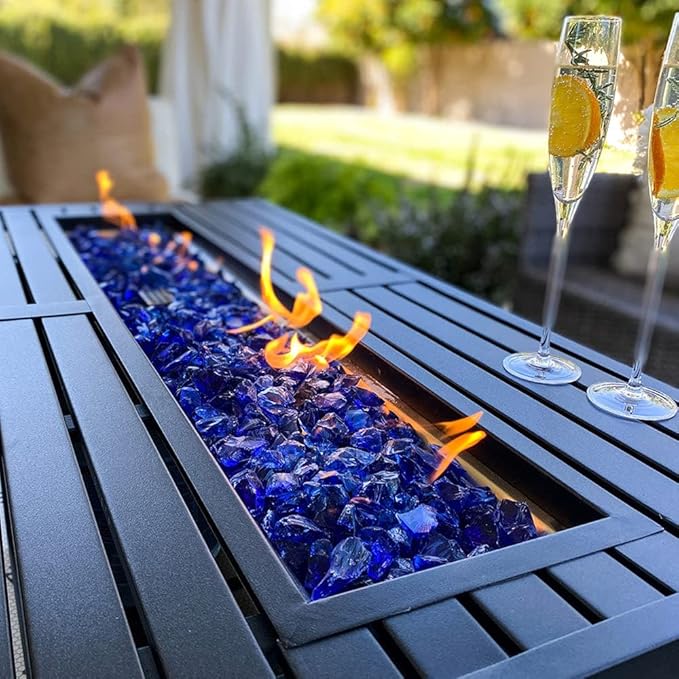 Sophia & William Patio Furniture Sets with 45" Gas Fire Pit Table Outdoor Metal Conversation Sets for 5, 2 x Swivel Cushioned Patio Sofa Chairs, 1 x 3-Seat Sofa 4 Pieces for Lawn Backyard Peacock Blue