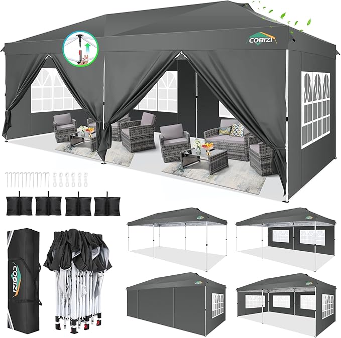COBIZI 10x20 Pop Up Canopy Tent with 6 Removable Sidewalls,Waterproof & UV 50+ Easy Up Canopy,Commercial Gazebo with Air Vent,4 Sand Bags,4 Stakes & 8 Ropes,Tents for Parties/Camping/Backyard,Gray
