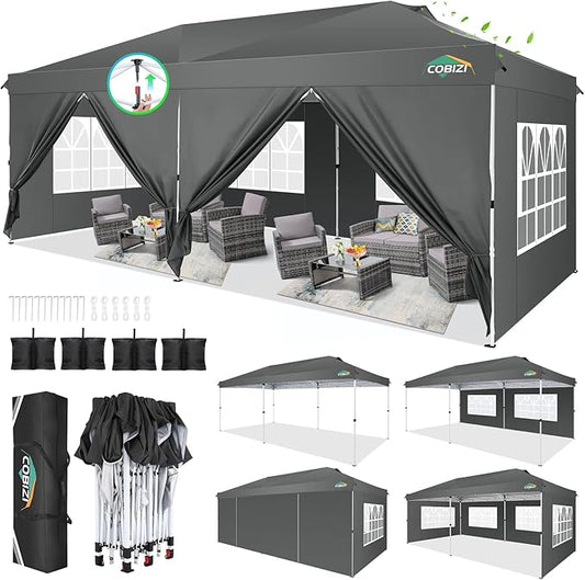 COBIZI 10x20 Pop Up Canopy Tent with 6 Removable Sidewalls,Waterproof & UV 50+ Easy Up Canopy,Commercial Gazebo with Air Vent,4 Sand Bags,4 Stakes & 8 Ropes,Tents for Parties/Camping/Backyard,Gray