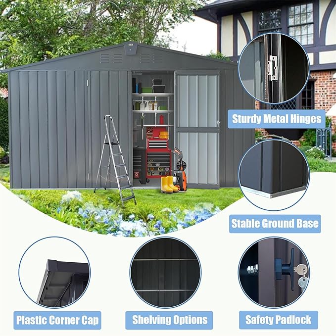 Backyard Storage Shed 11x9ft with Windows, Dark Gray Galvanized Steel Garden Shed - 630 Cu.Ft Outdoor Utility Shed, Lockable Double Doors & Sloped Roof for Patio