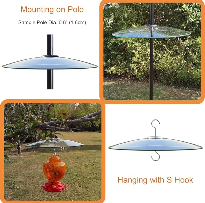 13" Glass Rain Cover for Bird Feeder Outdoors - Baffle on Shepherd Pole/Post or S Hook Hanging - Large Weather Guard Protective Dome - Clear (Dia. 33CM)