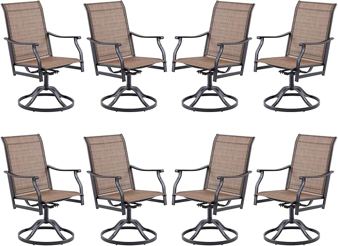Patio Swivel Chairs Set of 8, Outdoor Dining Chairs with Textilene, Swivel & Rocker Metal Outdoor Patio Dining Chairs All-Weather for Backyard, Brown Fabric with Black Frame